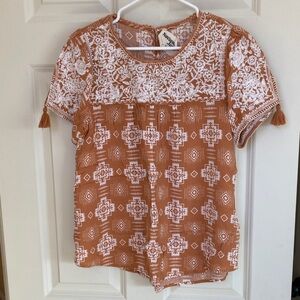 Savanna Jane Terracotta and White Embroidered Blouse
